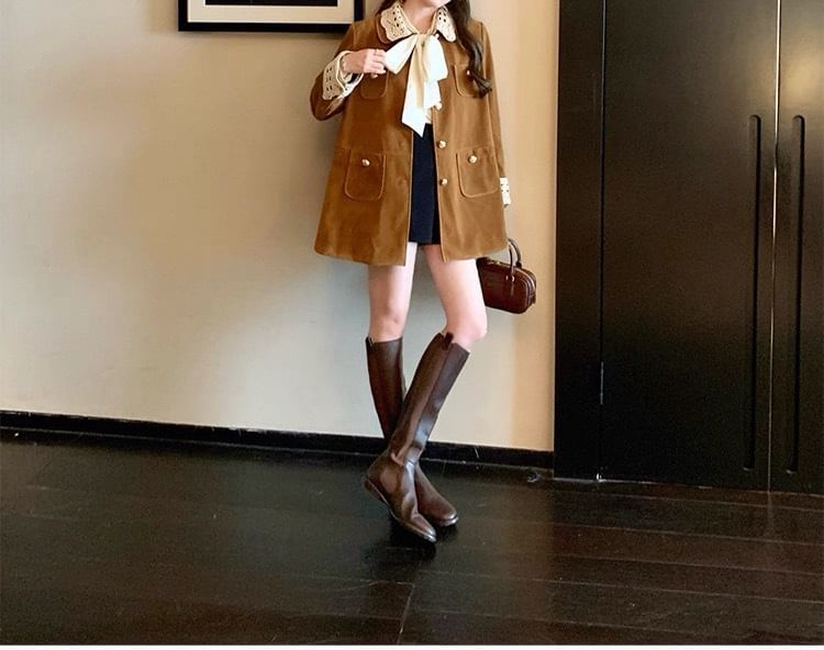 Collar Contrast Lace Trim Single-Breasted Coat