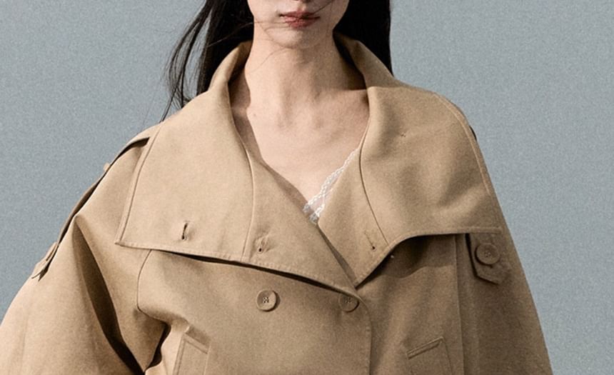 Stand Collar Plain Double-Breasted Trench Jacket