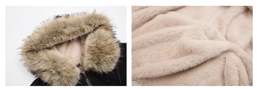 Contrast Stitching Fleece-Lined Fluffy Trim Hooded Zip Jacket