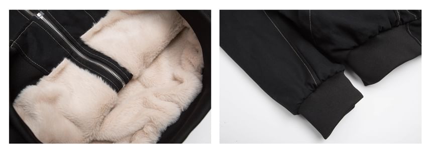 Contrast Stitching Fleece-Lined Fluffy Trim Hooded Zip Jacket