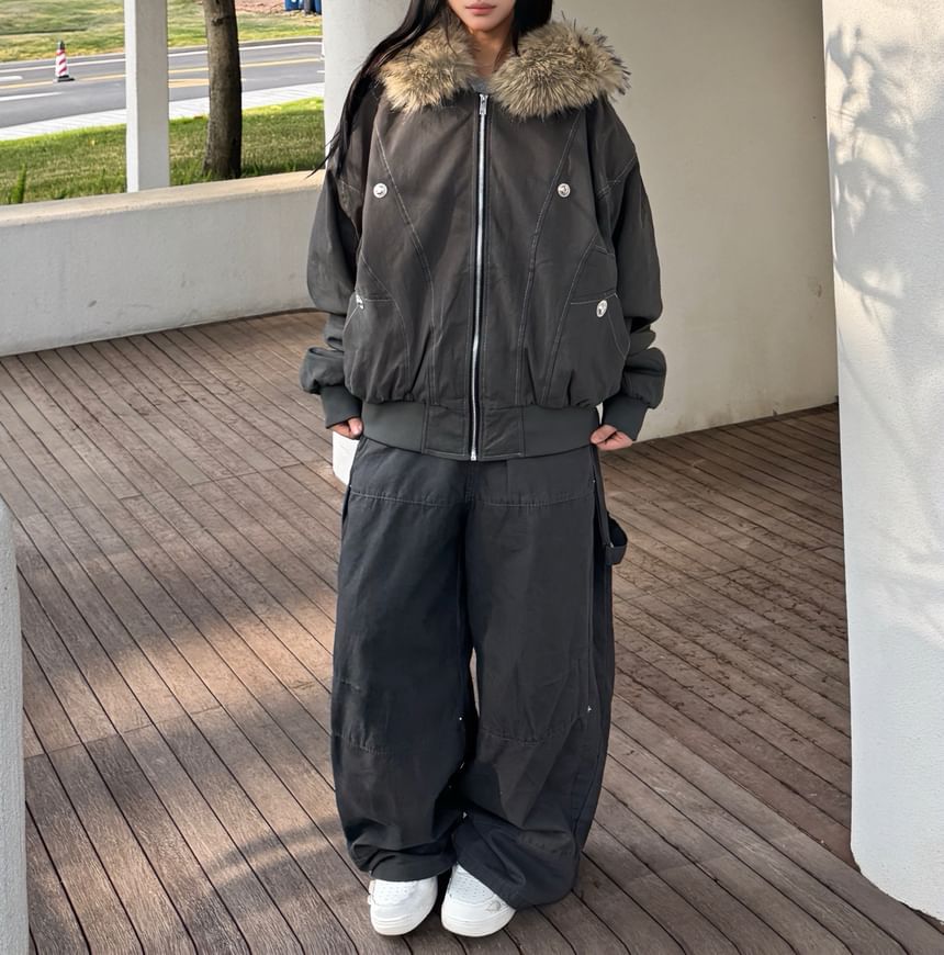 Contrast Stitching Fleece-Lined Fluffy Trim Hooded Zip Jacket