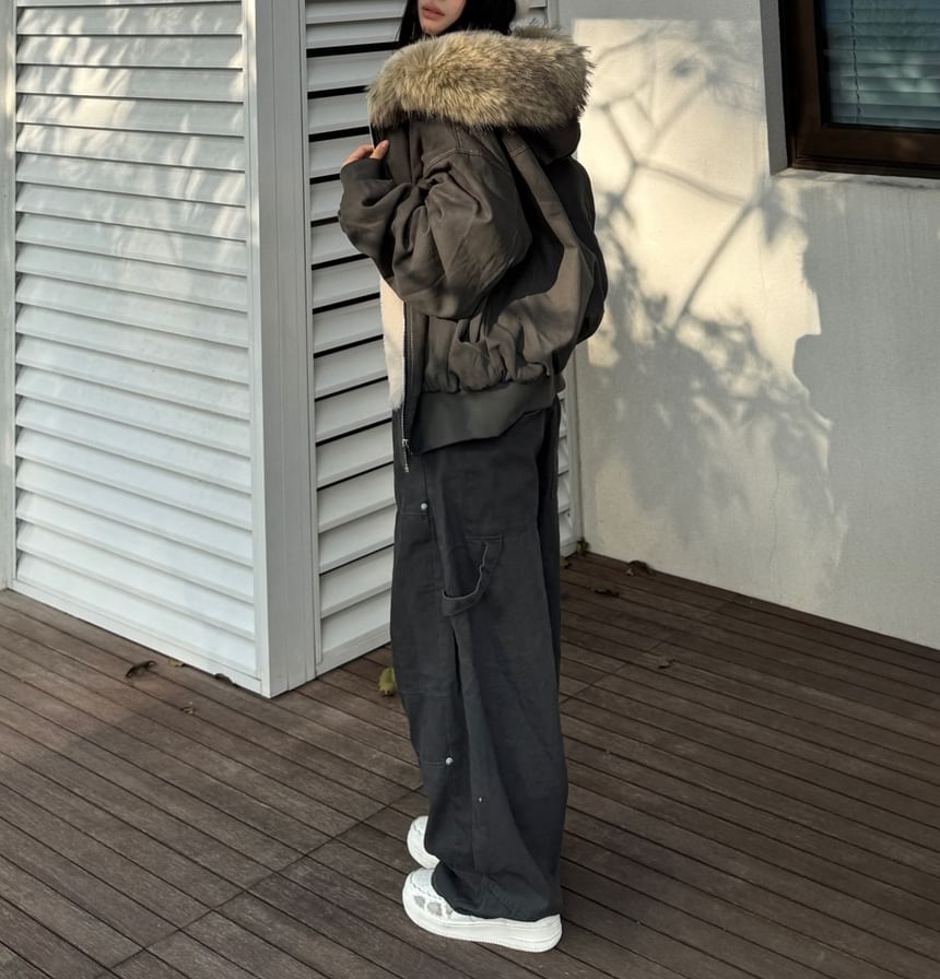 Contrast Stitching Fleece-Lined Fluffy Trim Hooded Zip Jacket