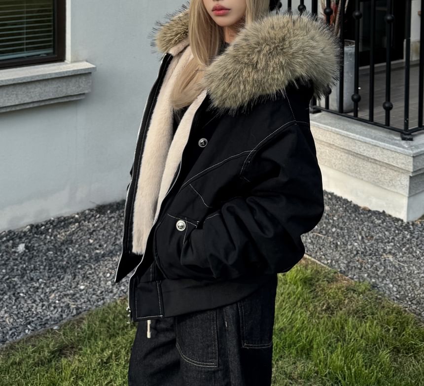 Contrast Stitching Fleece-Lined Fluffy Trim Hooded Zip Jacket