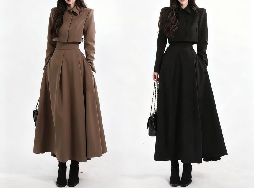 Set: Long-Sleeve Plain Crop Shirt + High Waist Midi A-Line Skirt