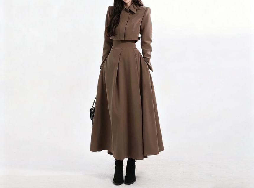Set: Long-Sleeve Plain Crop Shirt + High Waist Midi A-Line Skirt