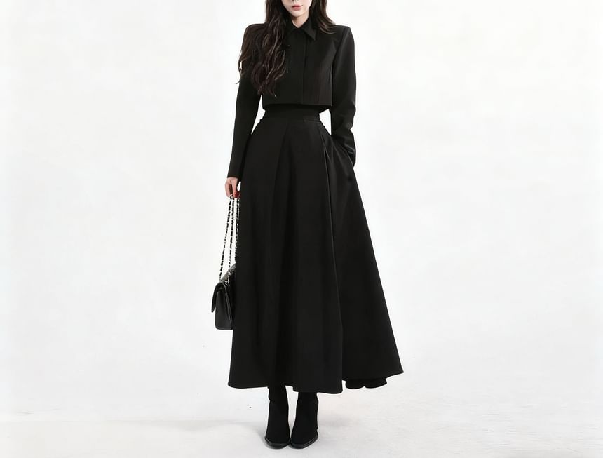 Set: Long-Sleeve Plain Crop Shirt + High Waist Midi A-Line Skirt
