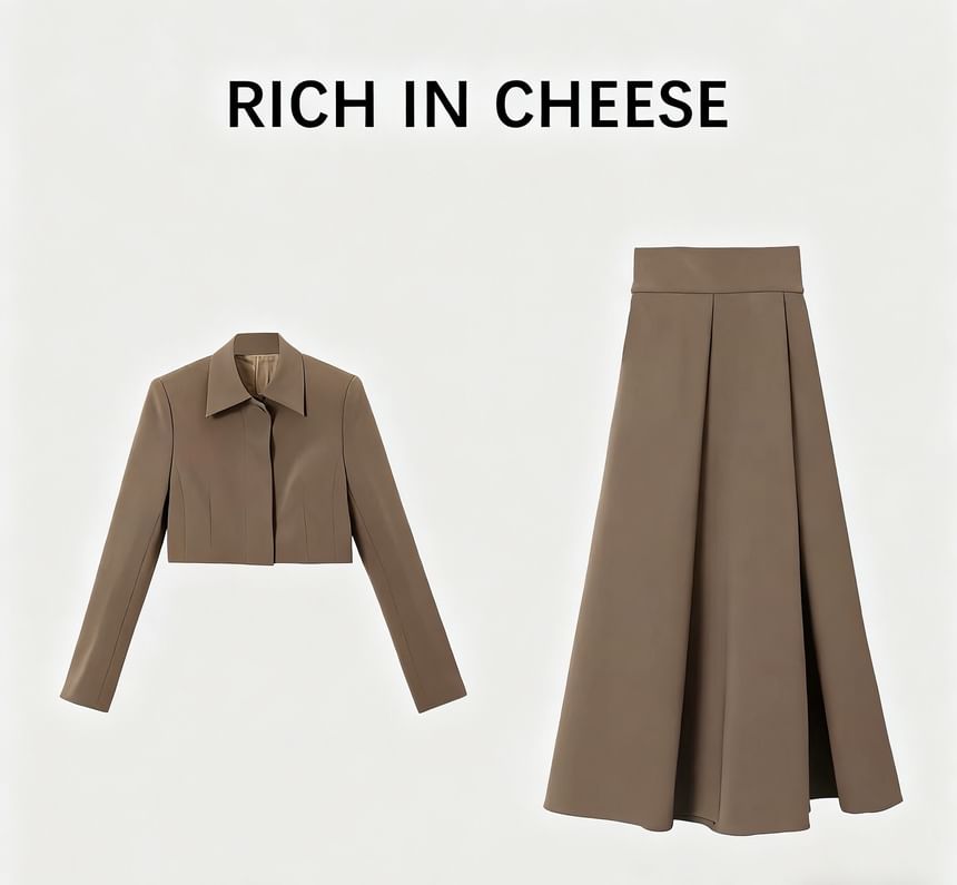 Set: Long-Sleeve Plain Crop Shirt + High Waist Midi A-Line Skirt