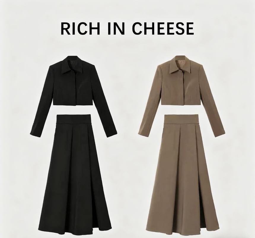 Set: Long-Sleeve Plain Crop Shirt + High Waist Midi A-Line Skirt