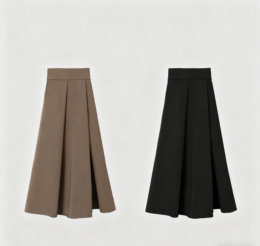 Set: Long-Sleeve Plain Crop Shirt + High Waist Midi A-Line Skirt