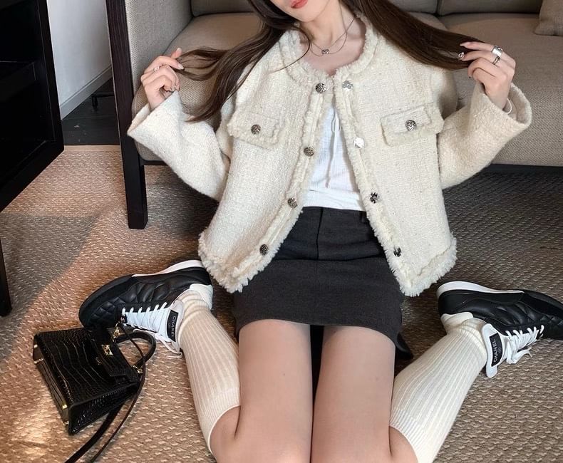 Round Neck Plain Fringed Button Jacket