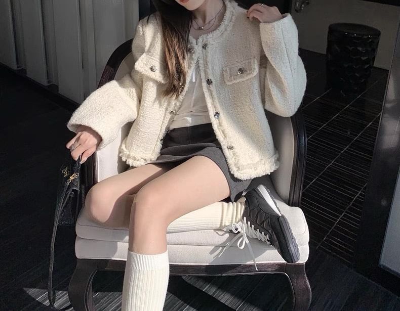 Round Neck Plain Fringed Button Jacket