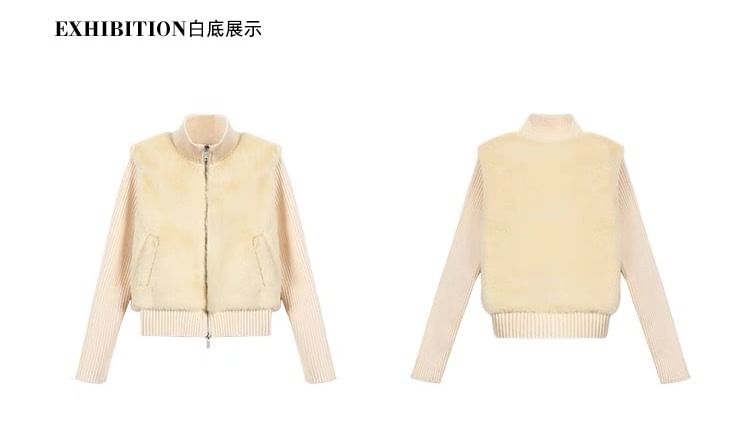 Mock Two-Piece Turtleneck Plain Fleece Panel Ribbed Zip Cardigan