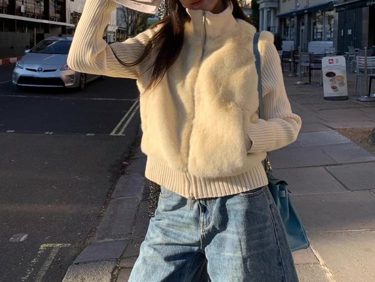 Mock Two-Piece Turtleneck Plain Fleece Panel Ribbed Zip Cardigan