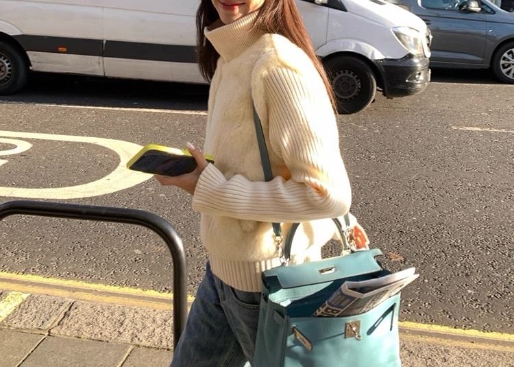 Mock Two-Piece Turtleneck Plain Fleece Panel Ribbed Zip Cardigan