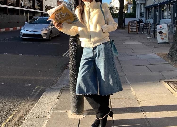 Mock Two-Piece Turtleneck Plain Fleece Panel Ribbed Zip Cardigan