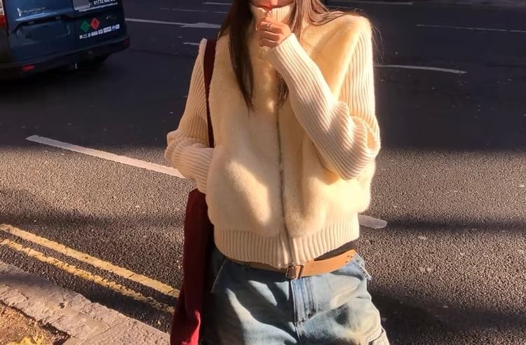 Mock Two-Piece Turtleneck Plain Fleece Panel Ribbed Zip Cardigan