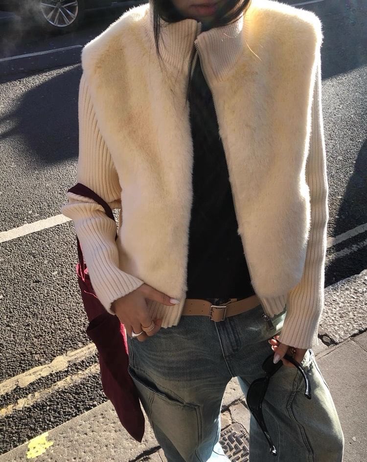 Mock Two-Piece Turtleneck Plain Fleece Panel Ribbed Zip Cardigan