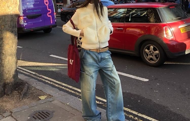 Mock Two-Piece Turtleneck Plain Fleece Panel Ribbed Zip Cardigan