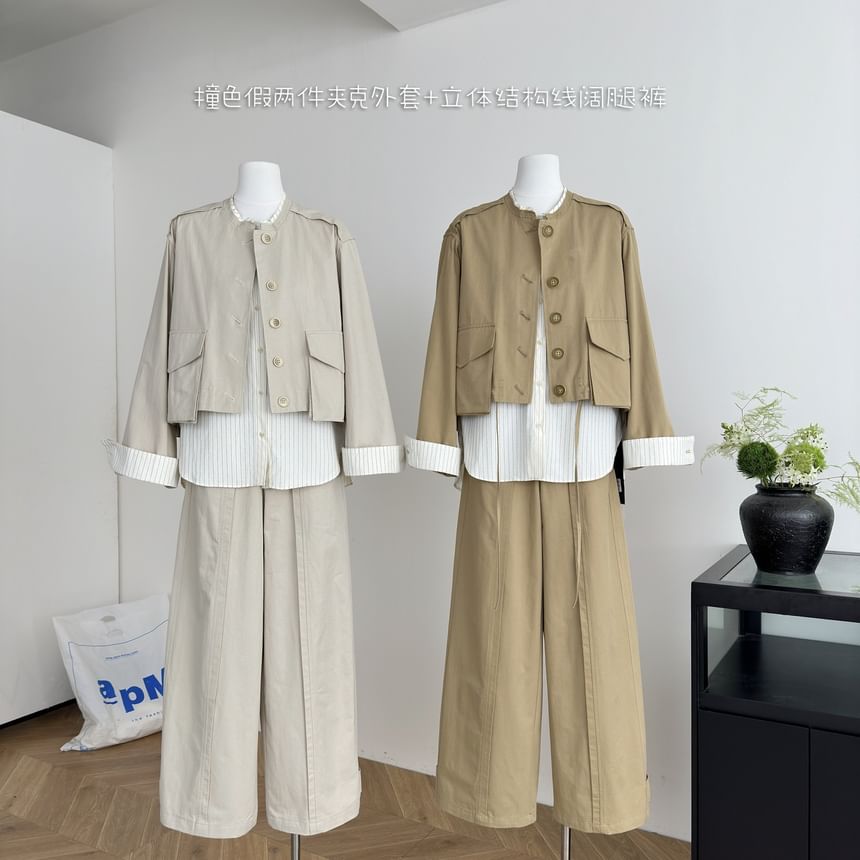 Mock Two-Piece Striped Panel Button Jacket / High Rise Plain Wide Leg Pants