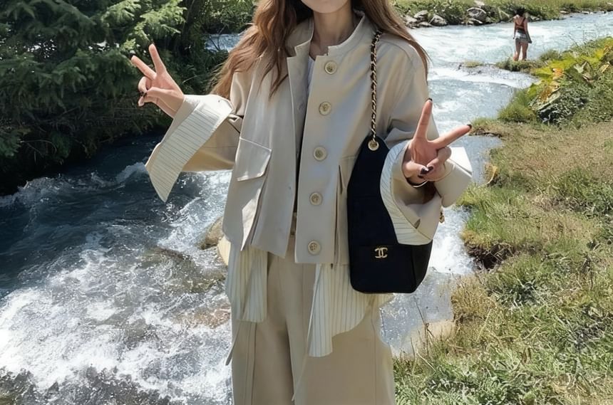 Mock Two-Piece Striped Panel Button Jacket / High Rise Plain Wide Leg Pants