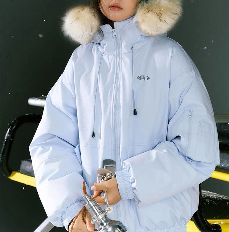 Stand Collar Drawstring Fluffy Trim Padded Zip Jacket