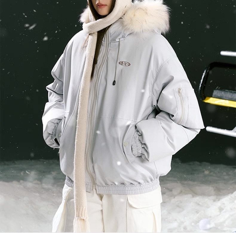 Stand Collar Drawstring Fluffy Trim Padded Zip Jacket