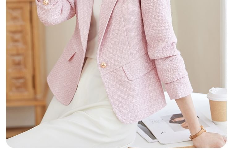 Notch Lapel One-Buttoned Plain Tweed Blazer