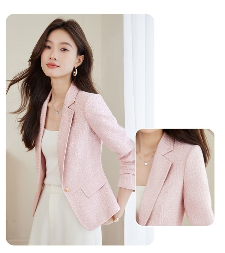 Notch Lapel One-Buttoned Plain Tweed Blazer