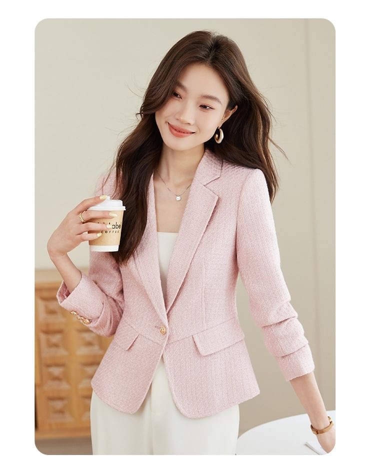 Notch Lapel One-Buttoned Plain Tweed Blazer