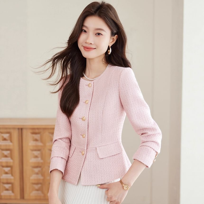 Crew Neck Single-Breasted Plain Tweed Blazer