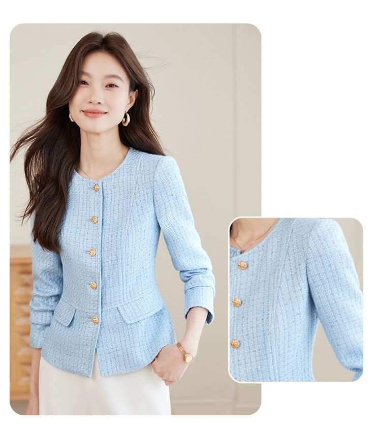 Crew Neck Single-Breasted Plain Tweed Blazer