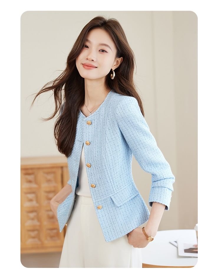Crew Neck Single-Breasted Plain Tweed Blazer