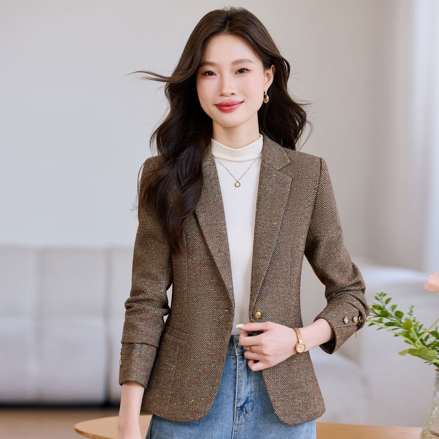 Notch Lapel One-Buttoned Tweed Blazer