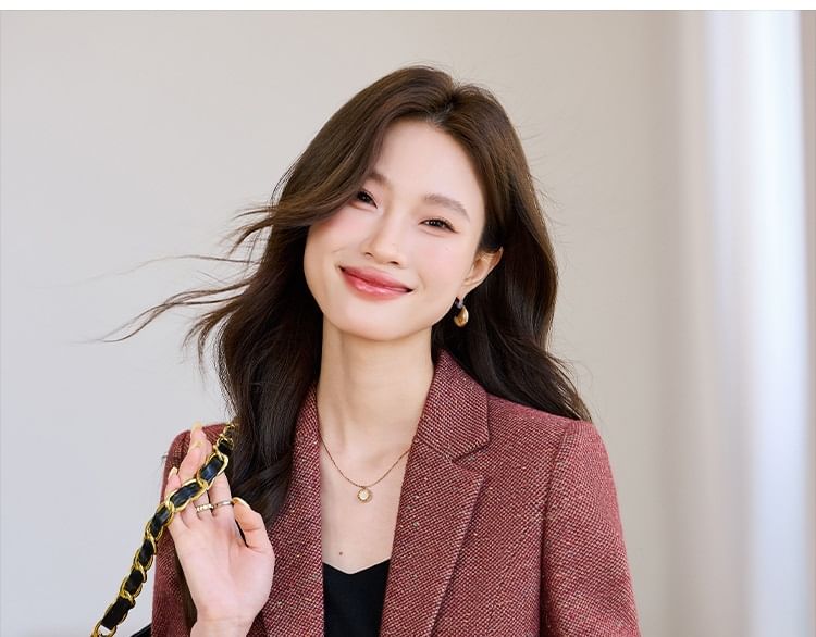 Notch Lapel One-Buttoned Tweed Blazer