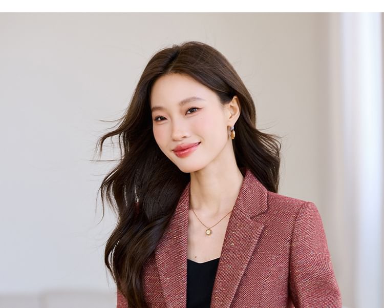 Notch Lapel One-Buttoned Tweed Blazer