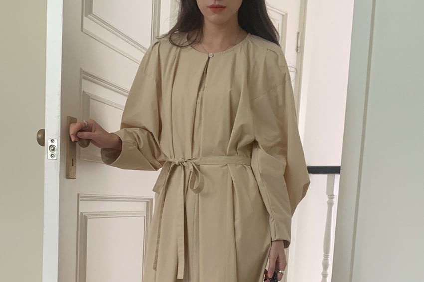 Long-Sleeve Crewneck Plain Maxi A-Line Dress