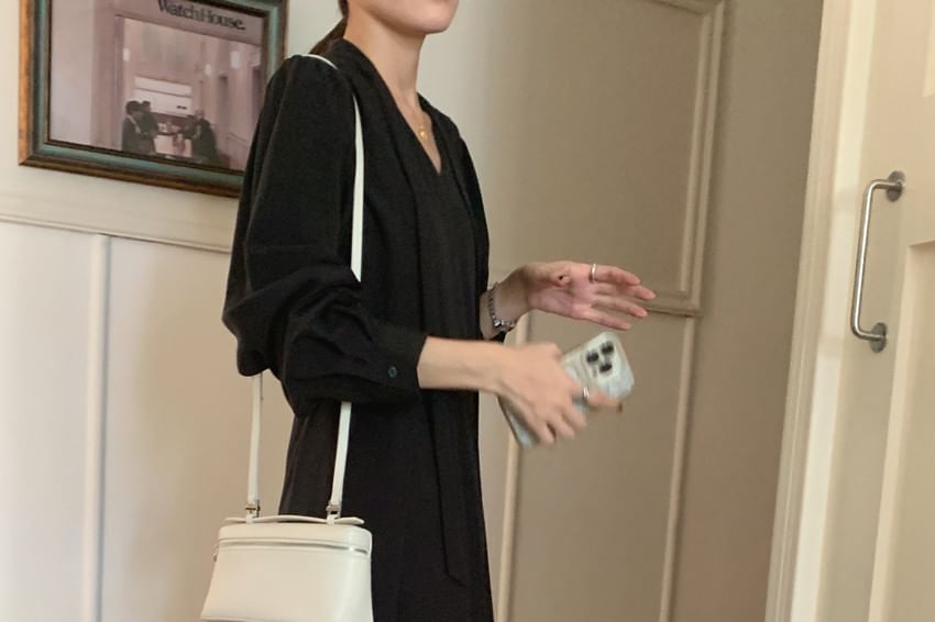 Long-Sleeve V-Neck Plain Maxi A-Line Dress