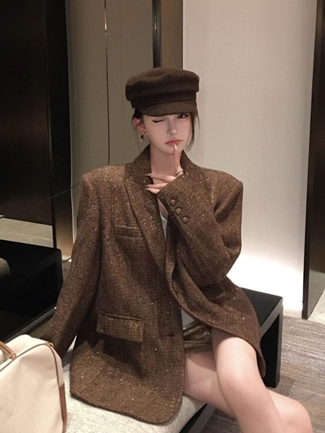 Notch Lapel Tweed Single-Breasted Blazer