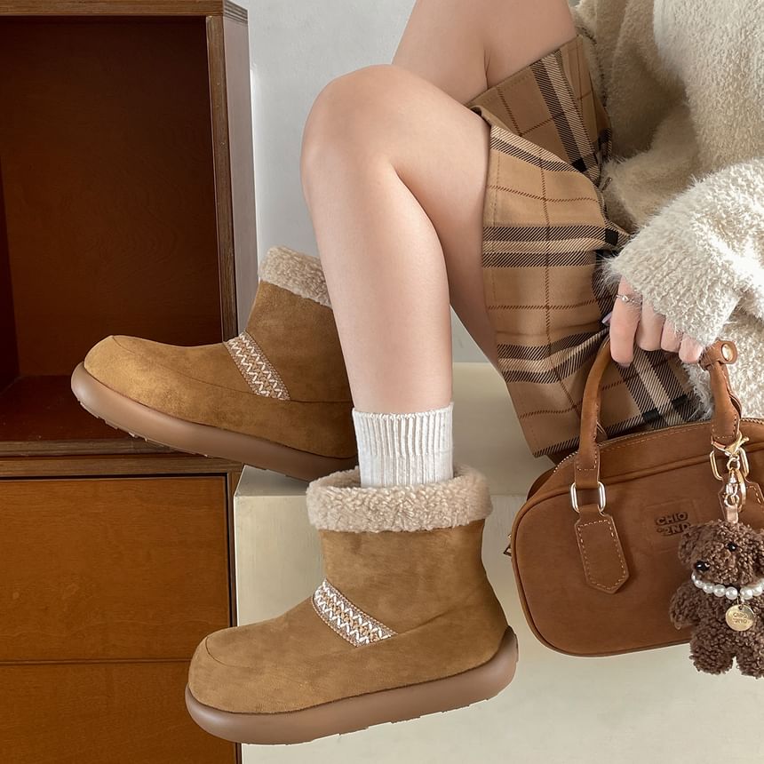 Platform Embroidered Fleece-Lined Faux Suede Short Snow Boots