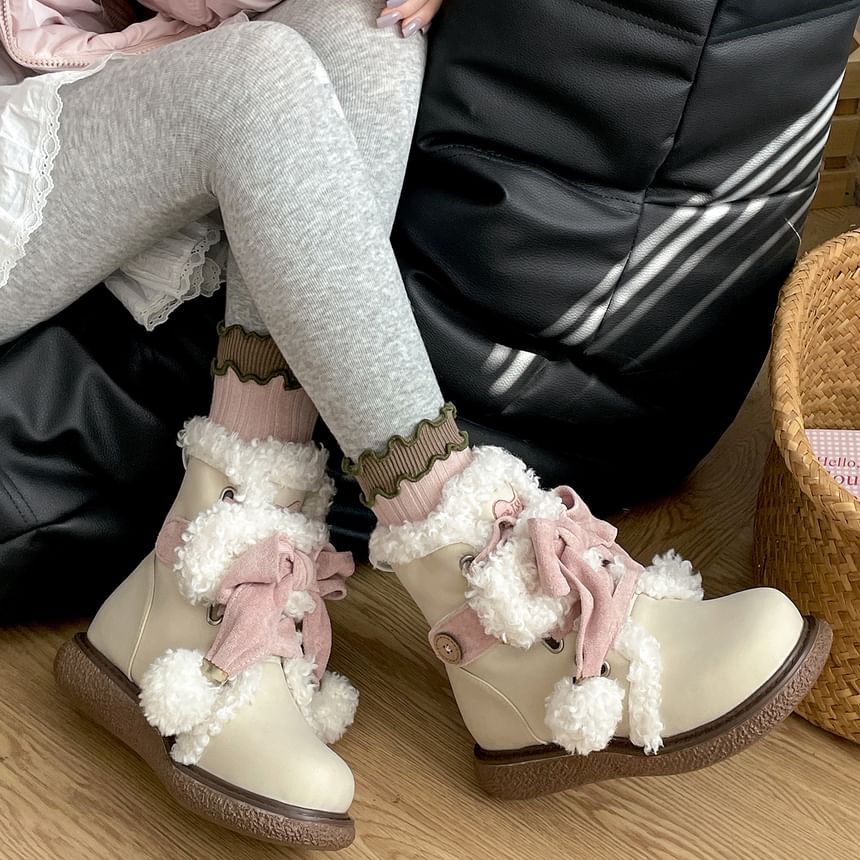 Platform Pom Pom Fleece-Lined Lace-Up Short Snow Boots
