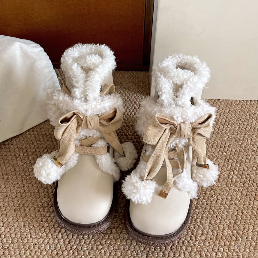 Platform Pom Pom Fleece-Lined Lace-Up Short Snow Boots