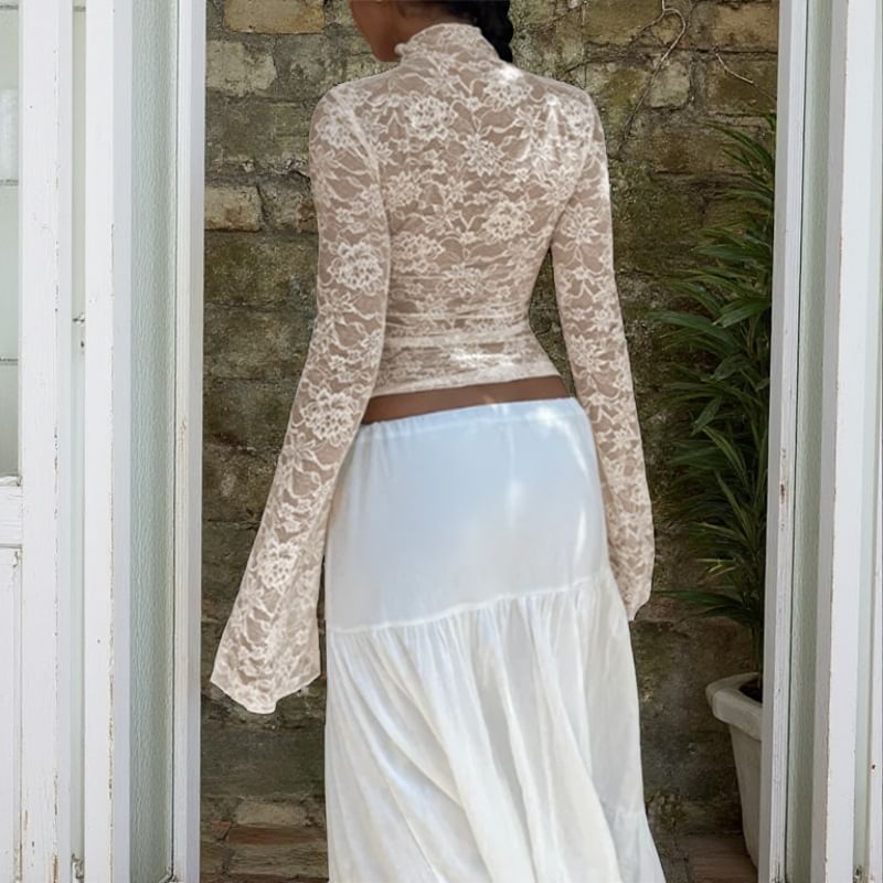 Mock Neck Lace See-Through Slim-Fit Long Sleeve Top