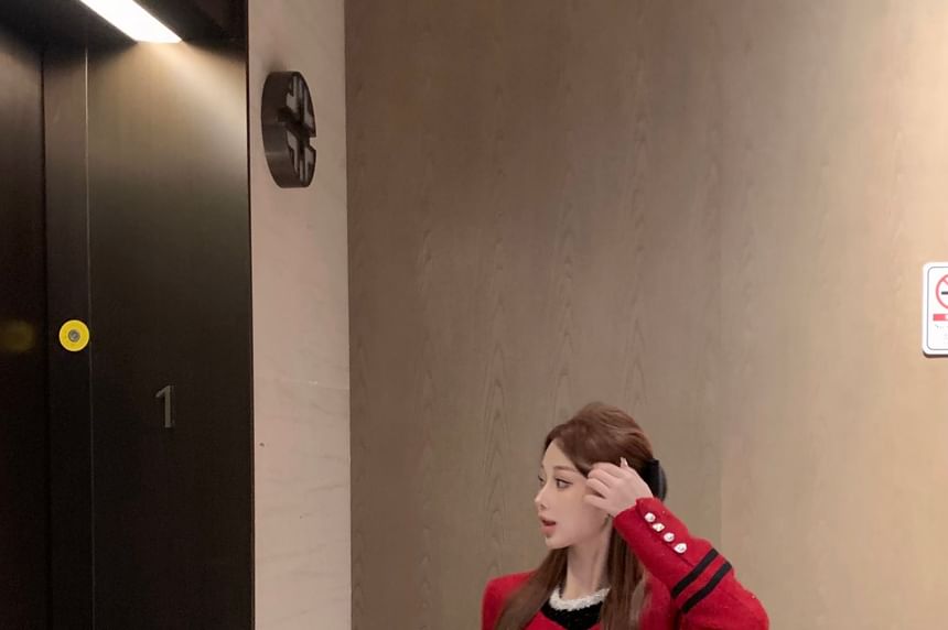 Tweed Button-Up Jacket / Long-Sleeve Sequined Ruffled Mini A-Line Layered Velvet Dress