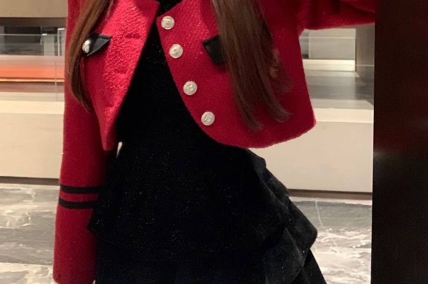 Tweed Button-Up Jacket / Long-Sleeve Sequined Ruffled Mini A-Line Layered Velvet Dress