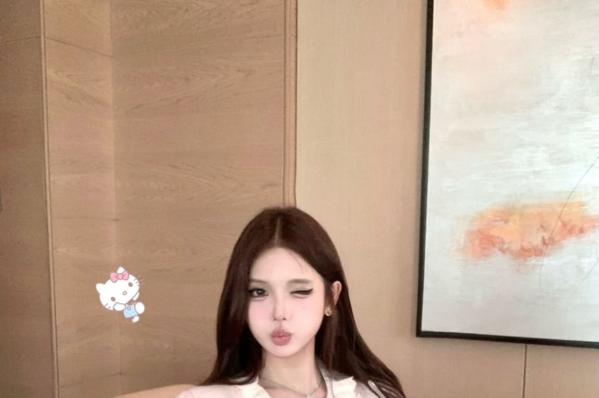 Long-Sleeve Ruffle Collar Button-Up Blouse / High Waist Tweed Shorts / Lace-Trim Jacket / Floral Brooch / Set