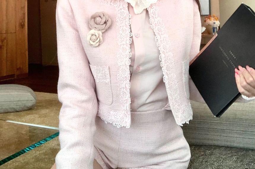 Long-Sleeve Ruffle Collar Button-Up Blouse / High Waist Tweed Shorts / Lace-Trim Jacket / Floral Brooch / Set