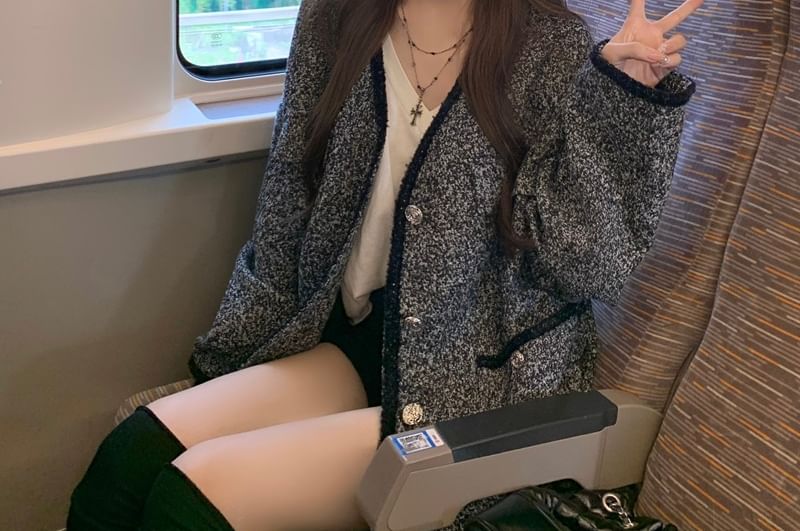 V-Neck Button-Up Tweed Jacket