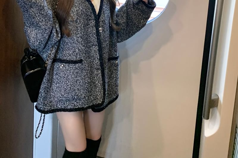 V-Neck Button-Up Tweed Jacket