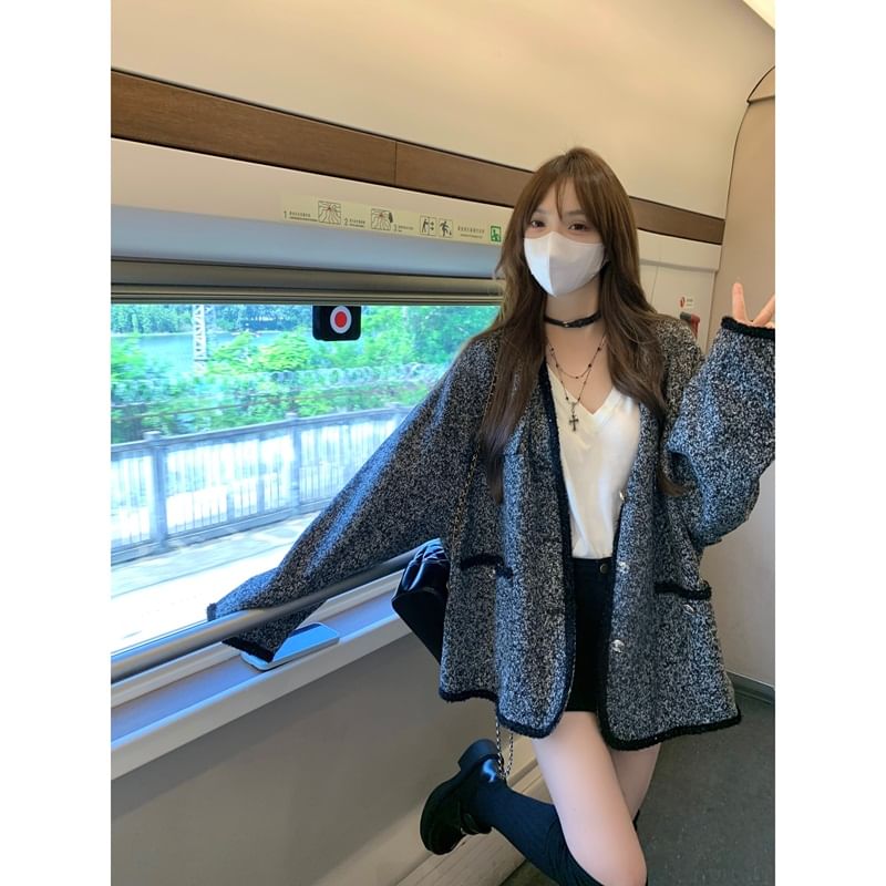 V-Neck Button-Up Tweed Jacket