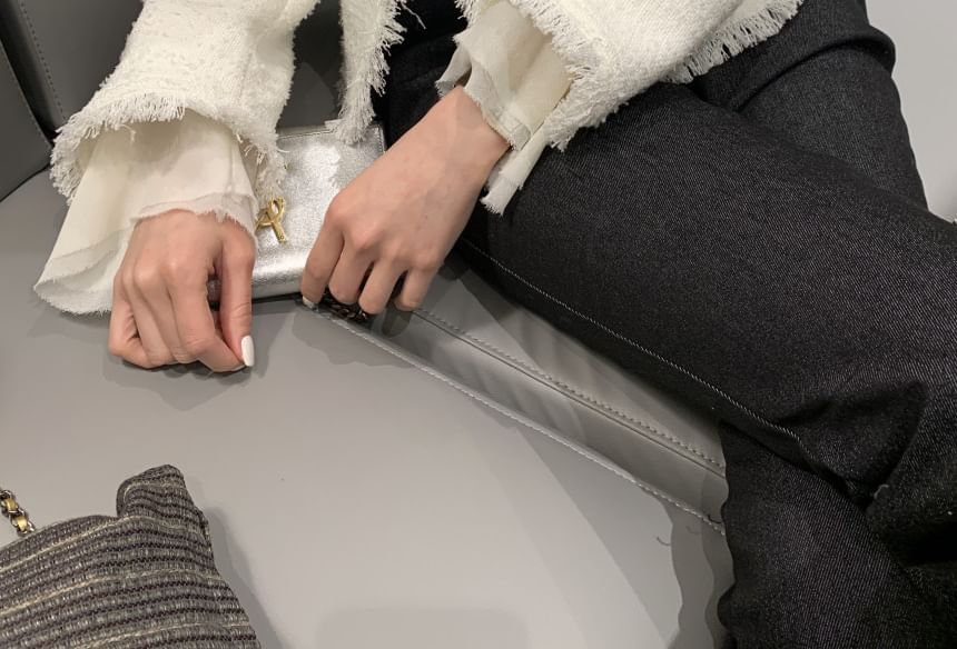 V-Neck Plain Fringe Tweed Jacket